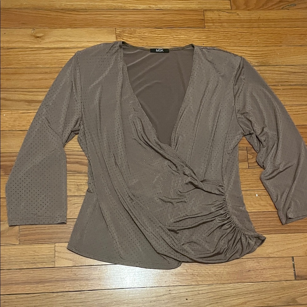 MSK Taupe Wrap Polka Dot Blouse 3/4 Sleeves for Women